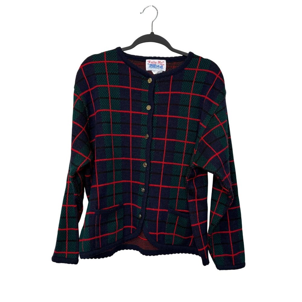 VTG Tally-Ho Plaid Knit Cardigan Sweater XL Green Navy Red Button Front